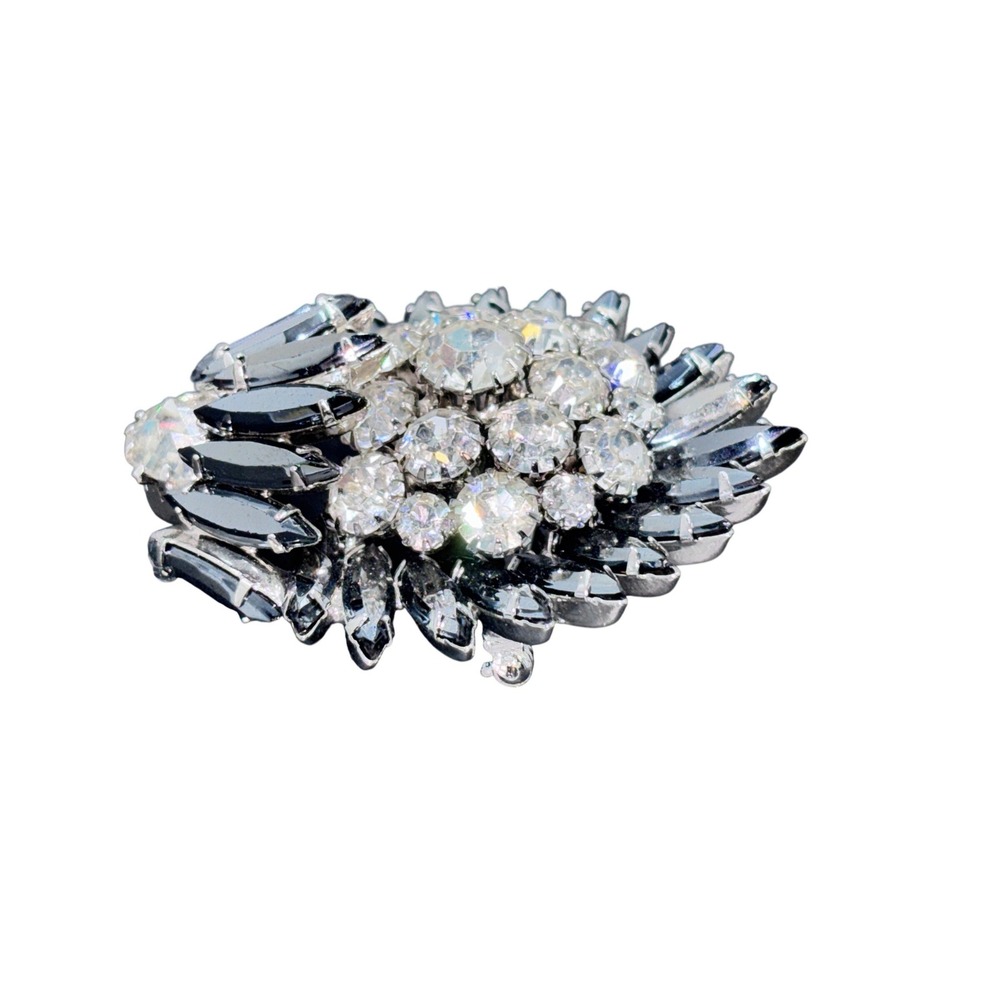 Schoffel & Co Austrian Crystal Brooch Black Clear Navette Sunburst Vintage 1950s